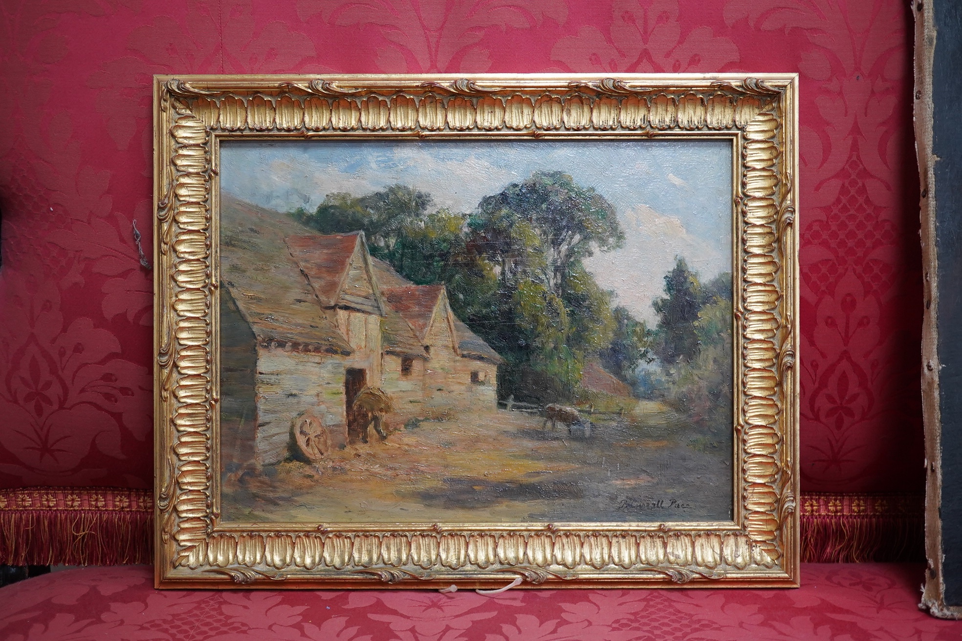 Percy Currall Pace (1871-1945), Impressionist oil on board, Farm buildings, Steyning, signed, inscribed verso, 29 x 39cm, ornate gilt framed. Condition - good